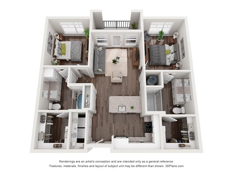 Floor plan for 2 beds, 2 baths, 966 sqft